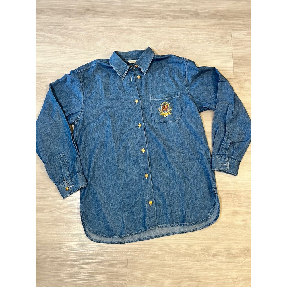 Mondifashion Denim Women Button Up Shirt Crest Logo Gold Buttons Long Sleeve 36